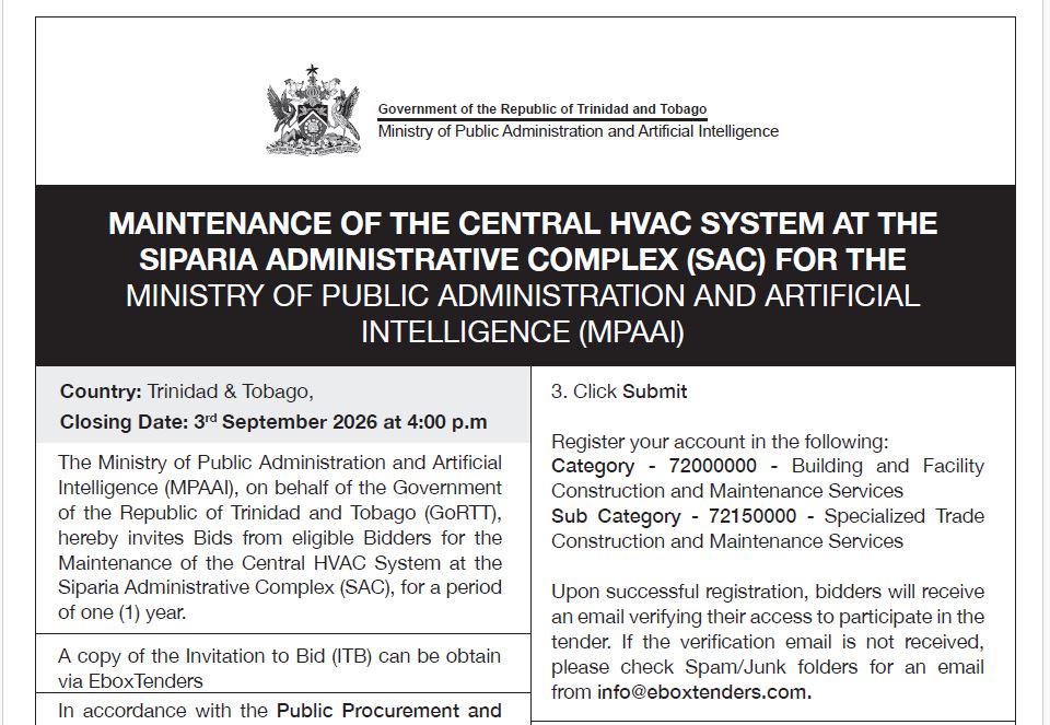 Maintenance Of The Central HVAC System At The Siparia Administrative Complex (SAC)