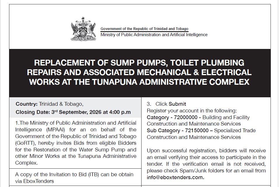 Replacement Of Sump Pumps, Toilet Plumbing Repairs And Associated Mechanical & Electrical Works At The Tunapuna Administrative Complex