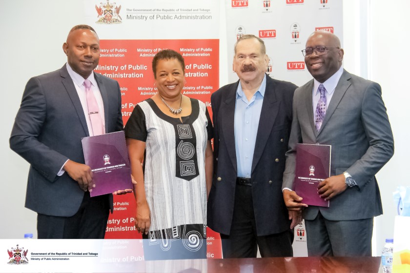 Senator the Honourable Allyson West, Minister of Public Administration (MPA) (2nd from left) is flanked by Professor Clément A.C. Imbert, O.R.T.T., Chairman, Board of Governors at The University of Trinidad and Tobago (UTT).  From Left: Mr. Claudelle Mc Kellar, Permanent Secretary, MPA and Professor Stephen Joseph, Acting President, UTT