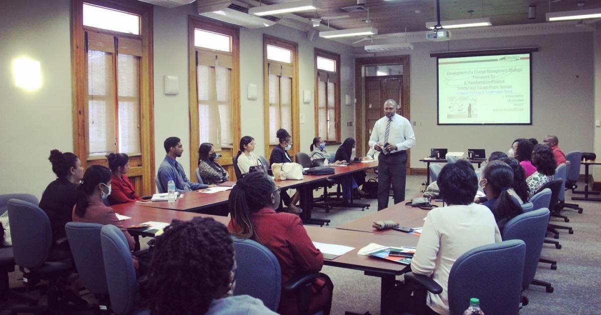 Mr Claudelle Mc Kellar Permanent Secretary  Ministry of Public Administration addressing the first cohort in the Change Management programme