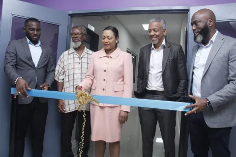 Ribbon cutting of the ICT Access Centre - (left to right) Jillon Lewis - Councillor for Brighton/Vessigny, Eldwin Noel - President of the La Brea Village Council, Rhoda Patiram -Deputy Permanent Secretary - Ministry of Public Administration and Artificial Intelligence, Wayne Nakhid - National Chief Digital Officer, Laurence Modeste - Deputy National Chief Digital Officer.